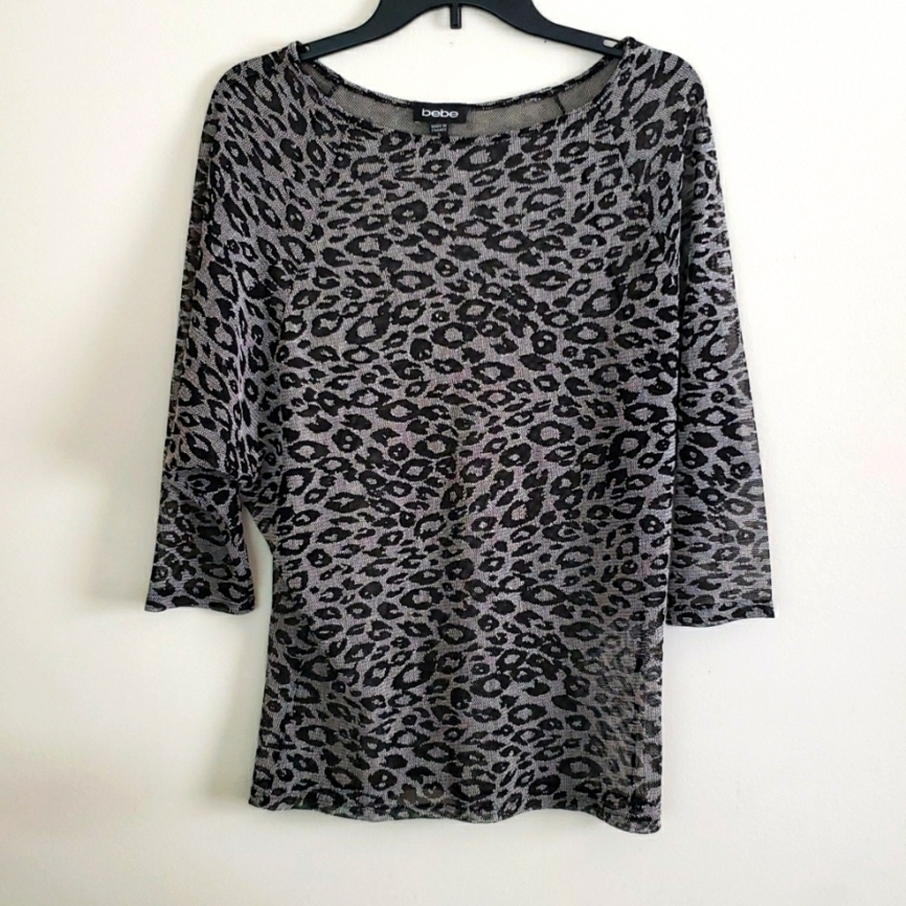 Bebe semi sheer top, Y2K, leopard print, 3/4 sleeves women's size large, stretch